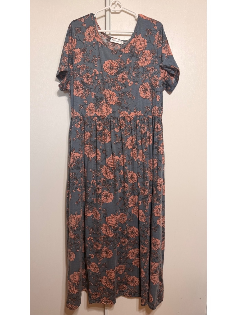 Floral Print Gray and Pink Polyester Midi Dress with Pockets size 22
